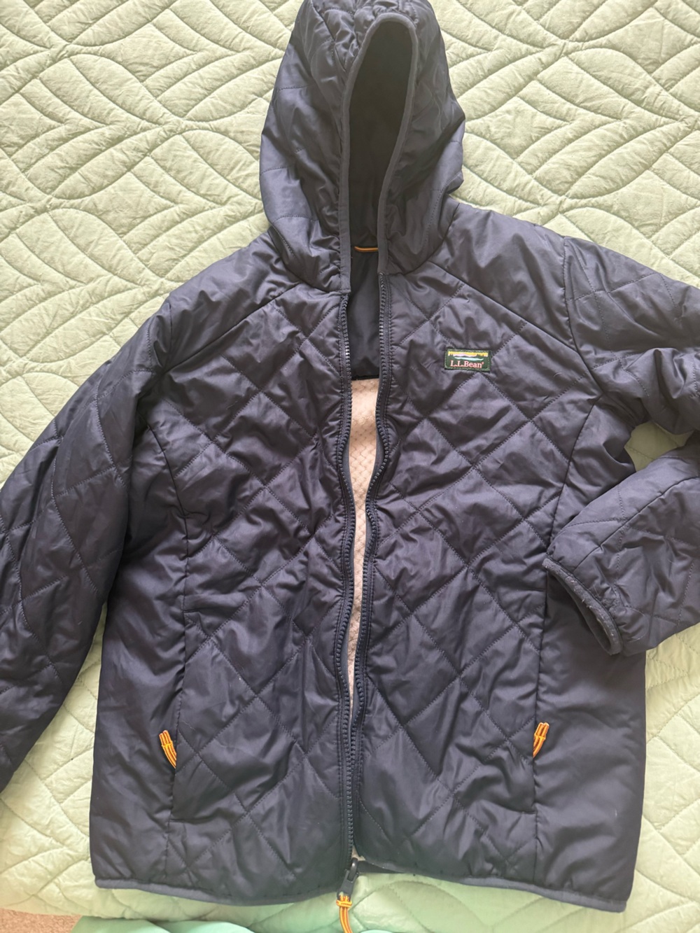 L.L. Bean Navy Quilted Kids Hooded Jacket with Yellow Accents - reversible